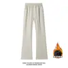 Calça de Moletom Reta Flare Estilo Americano para Homens, Temporada de Primavera e Outono, com Efeito de Caimento, Calça Esportiva com Corte Diagonal e Patchwork, Calça Longa Casual Forrada com Fleece