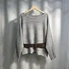 Ropa de otoño para mujer: Suéter de punto de alta gama, de manga larga, con textura ondulada, diseño calado, corte holgado, estilo coreano, y viene con un cinturón