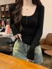Deseo puro gris playera de clavícula con cuello en U para mujer hombro manga larga otoño e invierno corte ajustado dulce y picante cuello medio abierto versátil terciopelo camiseta básica