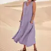 Amazon Sitio Independiente Wish2023 Verano Estilo Europeo y Americano Bolsillo Sin Mangas Cuello Redondo Vestido de Algodón Puro para Mujer