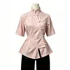 Novo top estilo chinês com gola alta e mangas curtas para mulheres com botões, acinturado, carcela diagonal, camisa cheongsam modificada, vestimenta tradicional chinesa Zen para chá