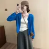 Cárdigan de punto hueco color azul Klein para mujer, estilo corto ajustado para principios de otoño, extremadamente favorecedor, top de dopamina