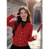 Suéter de Punto Rojo con Forma de Corazón para Mujer, Nuevo Estilo Primavera Temprana 2026, Falso Dos Piezas, Cuello Semi Alto, Elegante Top de Lana