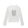 Camiseta feminina branca, gola redonda, ombro normal, manga longa, novo estilo primavera e outono, estampa de desenho animado de nicho, corte justo, top moderno e versátil