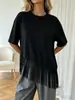 Atacado exclusivo transfronteiriço 2026 T-shirt solta de gola redonda e manga curta com retalhos de franja irregular Roupas femininas europeias e americanas