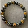 Pulsera de Hilo Elástico con Cuentas de Ojo de Tigre Europeo y Americano Obsidiana para Hombre Anillo de Acero Inoxidable Hexagonal con Cruz