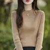 Estilo Novo de Primavera 100% Algodão Puro Suéter com Costura Canelada Slim-Fit que Marca a Cintura Emagrecedor com Gola Meia-Alta, Camada Base Simples de Tricô Liso para Mulheres