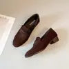 Sapatos Loafer Retro Marrons de Bico Redondo com Salto Grosso para Mulheres, Simples e Elegantes, de Calçar, Sapatos de Couro Versáteis