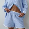 Pijama Curto Listrado Azul de Manga Longa com Renda Conjunto de Duas Peças 2026 Novo Europeu e Americano Primavera e Verão Roupa de Casa Transfronteiriça