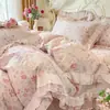 Juego de Cuatro Piezas con Funda Nórdica de Encaje Francés 100% Algodón Clase A Faldón de Cama Acolchado Juego de Cuatro Piezas Estilo Princesa Sarga de Alto Recuento Puro Algodón