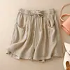 Shorts de algodão e linho leves de perna larga para mulheres no verão, cintura elástica, tamanhos grandes, corte solto, shorts casuais versáteis de algodão e linho no joelho
