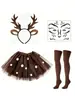 Set de Disfraz de Reno Navideño Diadema con Astas Falda de Tul con Lentejuelas Calcetines Largos Pegatinas de Maquillaje de Pequeño Reno Disfraces para Fiestas de Role-Playing