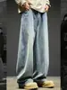 Jeans retro americanos de moda para hombre, pantalones rectos lavados de otoño con pernera ancha, pantalones de trabajo casuales holgados.