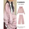 Conjunto Deportivo de Ante Rosa para Mujer, Sudadera de Principios de Primavera y Pantalones de Pierna Ancha Conjunto de Dos Piezas, Atuendo Completo Estilo Coreano para Primavera