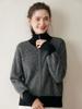 Outono e Inverno Novo Suéter de Cashmere com Gola Polo Feminino Jaqueta Cardigan Tricotada Espessa com Zíper Duplo em Cor Contrastante