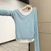 Camiseta de Color Crema Falsa de Dos Piezas con Bloques de Color y Mangas Largas para Mujer, Estilo Delgado para Primavera y Otoño, Cintura Fruncida, Camiseta Interior Estilizadora