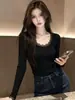 Top de Punto con Patchwork de Encaje Estilo Coreano de Manga Larga para Mujer Otoño Absolutamente Hermoso Capa Interior Capa Base Top