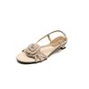 Atmósfera Francesa Flor de Camelia Tacón Bajo Zapatos de Ante de Oveja 2025 Tacón Medio Grueso Punta Redonda Punta Abierta Sandalias de Piel Genuina para Mujer