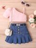 Amazon cross-border roupas infantis meninas colete de cor sólida top sem mangas Denim bolsa aberta saia plissada terno cinto