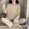 Pijama de Caxemira para Mulheres, Pulôver de Outono e Inverno com Gola Redonda, Pode Ser Usado Fora, Quente e Fofo, Conjunto de Roupa de Casa Feminino de Outono e Inverno