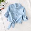 Camisa de Mezclilla con Cordones para Mujer, Estilo Corto, Verano 2025, Casual, Adelgazante, Algodón, Delgada, Protectora del Sol, Transpirable, Chaqueta tipo Chal Pequeño