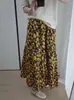 ¡Oferta especial! Estilo pintura al óleo fondo negro con estampado floral amarillo~ Falda de mujer 100% algodón elástica en la cintura, suave y transpirable H080603