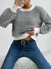 Suéter Pulôver Canelado Gola Redonda Primavera e Outono Amazon Comércio Exterior Transfronteiriço Feminino Padrão Vertical Torcido Blusa Tricô Casual