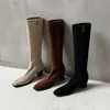 Botas Largas Elásticas Ajustadas de Gamuza para Mujer Botas Individuales Otoño Invierno Nuevas Puntera Cuadrada Tacón Medio Grueso Cremallera Lateral Estilo Coreano Botas Hasta la Rodilla Mujer