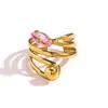 Anillo de Acero Inoxidable de Titanio Maltés con Oro de 18 Quilates y Líneas de Piedra Natural, Joyería de Diseño Abierto Ajustable