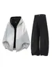 Han Lu Sudadera con Capucha Forrada de Color Block Americano Pesado Textura de Bloque de Color Estructurada Pantalones Casuales de Trabajo Conjunto de Dos Piezas