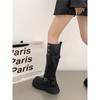 Botas de Motociclista de Salto Grosso Dobráveis de Cano Alto para Mulheres 2025 Outono e Inverno Novas Botas de Cano Alto Estreitas Estilo Retrô Britânico