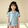 Conjunto de Camiseta de Manga Corta con Cuello Solapa Estilo Preppy para Niñas, Nuevo Conjunto de Dos Piezas con Pantalón Casual de Cinco Puntos en Bloque de Color para Niños Mayores