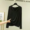 Roupa Exterior Camiseta de Manga Longa de Algodão Modal Feminina Primavera e Verão Tamanho Grande com Capuz Decote V Solta Camisa Base Cor Sólida Pulôver Top Fino