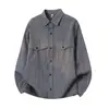 Camisa Casual de Manga Longa G-stone com Bolso Duplo, Detalhe Listrado, para Uso Diário Masculino, Corte Solto, Colarinho Cuban
