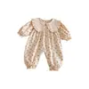 Romper Floral Novo para Bebê Menina Primavera e Outono Body de Manga Longa Estilo Coreano com Gola de Boneca Roupa Doce para Engatinhar Bebê Roupa Externa
