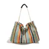 Bolso Tejido de Moda a Cuadros y Bloques de Color, Bolso de Hombro Rayado Arcoíris Estilo Vacacional, Gran Capacidad, Bolso de Playa Atmosférico