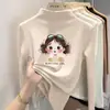 Camiseta básica de cuello alto a media altura para niña de dibujos animados, nuevo estilo primavera/otoño/invierno, top de manga larga con forro polar para niños de talla mediana y grande