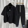 Traje Tendência de Manga Curta para Homens, Moda Ins Europeia e Americana de Verão, Conjunto de Roupa Masculina com T-shirt Stylish de Zíper