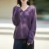 Suéter Casual 100% Lana Pura para Mujer, Otoño e Invierno, Cuello en V, Corte Holgado, Jersey de Punto Versátil de Manga Larga, Suéter Cálido