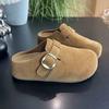 Tamancos Estilo Birkenstock com Solado Grosso e Bico Redondo para Aumento de Altura para Mulheres, Novo 2025 Versátil Respirável Casual Couro Macio Meia-Chinelinho Sapatos Femininos