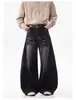 Jeans preto com barra curva, design retrô americano com orelhas de gato, para homens e mulheres, calça casual larga estilosa de alta qualidade com efeito desgastado