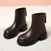 Botines Gruesos para Mujer Dropshipping, Botas Delgadas Versátiles para Mujer, Botas de Suela Gruesa Estilo Británico, Zapatos de Cuero Cálidos con Forro de Terciopelo