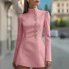 Vestido de Outono 2026, Gola Alta, Cor Sólida, Manga Curta, Slim Fit, Botões, Estilo Novo, Preto