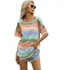 Toma real 2021 Amazon wish Nuevo top casual a rayas de manga corta suelto con cuello redondo estampado arcoíris en stock