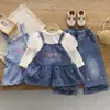 Conjunto de Ropa de Otoño para Niñas 2026 Nuevo Estilo Niños Primavera/Otoño Peto de Mezclilla Vestido Elegante de Manga Larga Conjunto de Tres Piezas Moderno