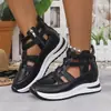 Sandálias de salto com tira cruzada bico fechado comércio exterior tamanho grande plataforma sola grossa velcro sapatos femininos verão novo vazado respirável feminino