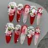 Uñas Vestibles Navideñas de Venta Caliente Transfronterizas, Uñas Color Rosa Perla Estilo Francés Blanco, Colección Desmontable de Arte para Uñas Navideñas