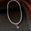 Collar de Estrella de Zirconia con Perlas Redondas Retro Cadena de Clavícula de Lujo Ligero Nicho Cadena de Clavícula Temperamento Versátil Collar de Sensación de Alta Gama
