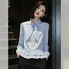 Camisa Casual Versátil Azul con Cordones para Mujer, Nueva Moda Niche Primavera 2026, Top Versátil para el Trabajo