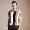 Camisa Polo Masculina de Seda Gelada Estilo Coreano de Verão Slim Fit para Negócios Juventude Casual com Listras Verticais Gola Lapela Manga Curta Tricotada